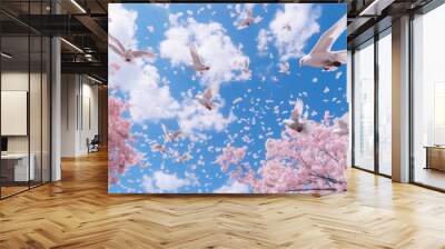 Pink cherry blossoms and white doves flying against a clear blue sky.AI generated image Wall mural