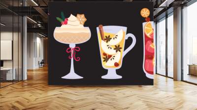 Christmas hot drink set. Collection of different beverages. Holiday cute cocktails, eggnog, cranberry, champagne and mulled wine. New year drinks decorated. For menu, party, invitation Wall mural