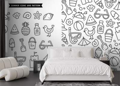 Cute fun summer line art beach trip vacation holiday black and white vector icons and seamless pattern
 Wall mural