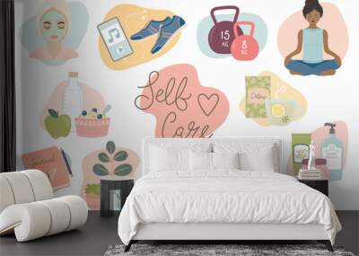 Self care activities to keep happy and healthy. Collection set of vector illustrations isolated on white. Wall mural