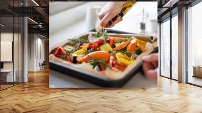 Close Up Of Seasoning Tray Of Vegetables For Roasting With Olive Oil Ready For Vegan Meal Wall mural