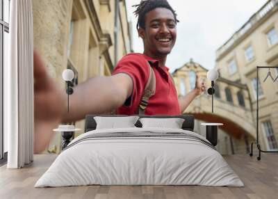 Young Man Travelling On Vacation Taking Selfie Sightseeing In Oxford By Bridge Of Sighs Wall mural