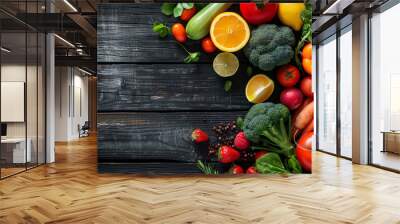 Fresh vegetables on black wooden background, top view with copy space. 
Healthy food. Vegetables and fruits. On a black wooden background. Wall mural