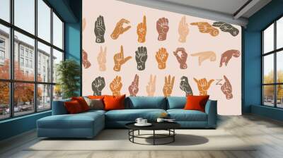 American Sign Language Alphabet. 26 letters of ASL. Sign Language spelling. Deaf culture, gestures. Flat items in boho colors. Wall mural