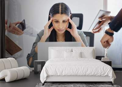 Stress, multitask and an overwhelmed business woman at work on a laptop in her office for a deadline. Technology, burnout or anxiety with a young female employee feeling pressure from a busy schedule Wall mural