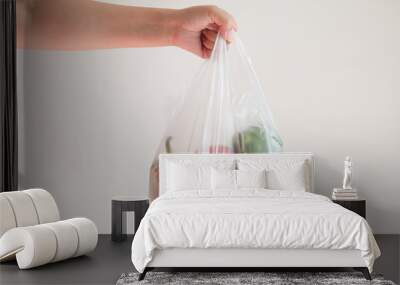 Hand holding a plastic bag of vegetables Wall mural