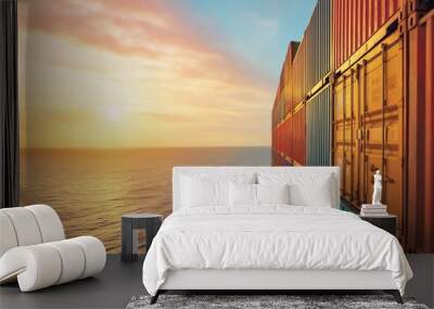 Container ship sailing into the sunset, vibrant sky reflecting on the water, colorful shipping containers stacked high, maritime logistics concept, copy space, selective focus

 Wall mural