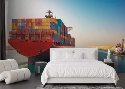 Massive red cargo ship navigates the Suez Canal, tugboat assisting alongside, multicolored containers stacked high, bright daylight, copy space, selective focus

 Wall mural