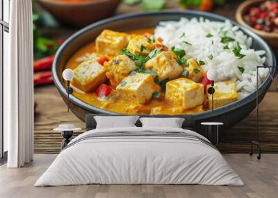 Vegan tofu curry with bell peppers, served with rice, rich in flavor, healthy plant-based meal, selected focus, close up
 Wall mural