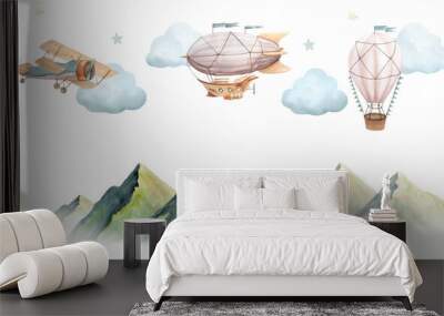 Seamless banner with watercolor illustration of picturesque green mountains and vintage plane, hot air balloon and airship with clouds isolated Wall mural