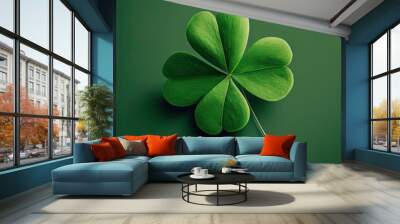 leaf clover isolated on Green background. Ai Generated Wall mural