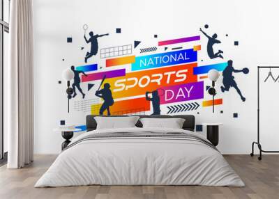 sports background, national sports day celebration concept, with abstract geometric ornament and illustration of sports athlete football player, badminton, basketball, baseball, tennis, volleyball Wall mural