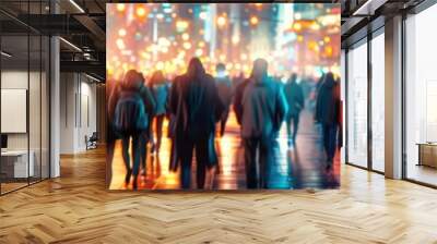 A busy urban scene with anonymous people walking on a rainy street, blurred city lights creating a vibrant night atmosphere. Free copy space for banner. Wall mural