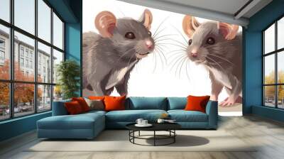 A group of four adorable grey mice sitting close together on a neutral background. Wall mural