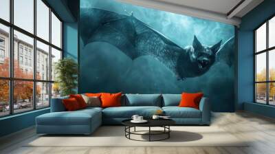 A sinister bat flying through a spooky, misty background, evoking eerie Halloween vibes. Wall mural