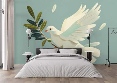 A white dove is flying over a green leafy tree branch. Concept of peace and freedom, as the dove is a symbol of hope and purity. The bright colors of the dove and the leaves create a serene Wall mural