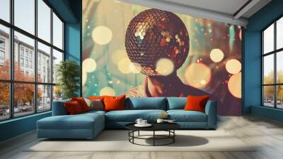 A woman with a disco ball head. The woman is standing in front of a wall Wall mural