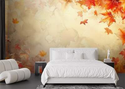 Abstract watercolor illustration of autumn leaves in warm tones, blending into a textured background. Free copy space for text. Wall mural