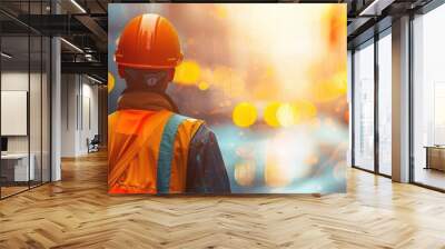 Back view of a worker wearing a safety vest and hard hat, standing on a city street with bokeh lights. Free copy space for banner. Wall mural