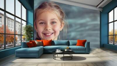 Beautiful smiling girl against chalkboard, school context, happy expression, classroom setting, youthful energy, cheerful learning experience. ​​ Wall mural