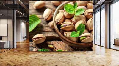 Bowl of fresh pistachios on a rustic wooden table surrounded by green leaves. Free copy space for banner. Wall mural