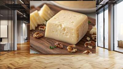 Close-up of a cheese wedge on a rustic wooden board, garnished with fresh rosemary and assorted nuts, highlighting gourmet delicacies. Free copy space for text. Wall mural