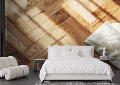 Close-up of a mop cleaning a wooden floor with foam cleanser, highlighting cleanliness and maintenance in a home environment. Wall mural