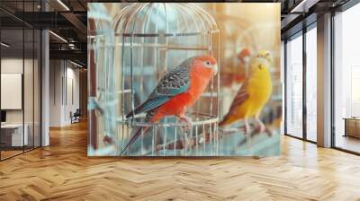 Close-up of small colorful birds in cages. Free copy space for banner. Wall mural