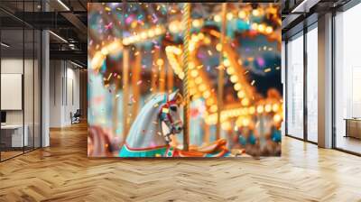 Colorful confetti flying through the air at a lively carnival with lights in the background. Wall mural