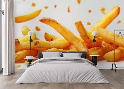 Crispy golden french fries flying in mid-air, isolated on a clean white background. Free copy space for text. Wall mural