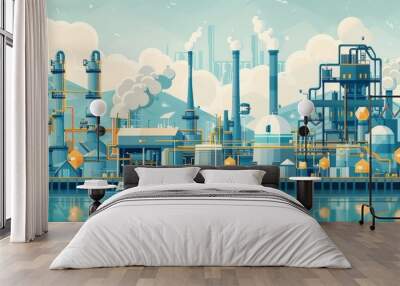 Detailed illustration of a large industrial plant with various machinery and processing units. Wall mural