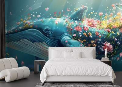 Digital illustration of a whale adorned with colorful flowers and butterflies. Wall mural