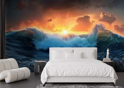 Dramatic depiction of raging ocean waves under a stormy sky, capturing the sea's raw power. Wall mural