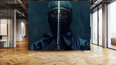 Focused kendo warrior in full armor with twin bokuto, dim studio background. Free copy space for text. Wall mural