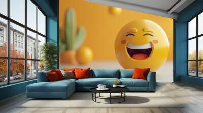 Fun emoji character with a cheerful expression surrounded by colorful speech bubbles on a light background. Wall mural