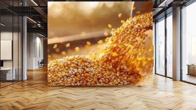 Harvester pouring freshly harvested corn kernels in golden sunlight. Wall mural