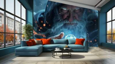 Intense and dramatic portrait of an angry sorcerer holding a magical gem. The dark and mystical atmosphere. Wall mural