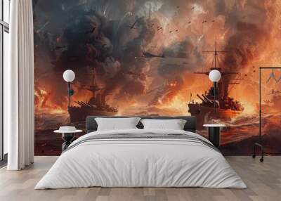 Intense naval battle scene with battleships exchanging cannon fire, amidst smoke and flames during wartime. Free copy space for banner. Wall mural