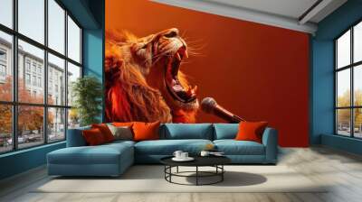 Lion roaring into a microphone on darkyellow background. Free Copy space Wall mural