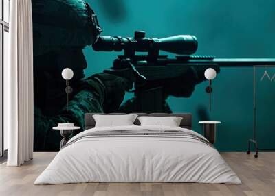 Military contractor aiming sniper rifle at night, tactical gear. Free copy space for text. Wall mural