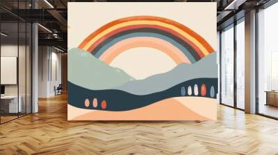 Minimalist abstract art set featuring sun and rainbow in neutral colors. Wall mural