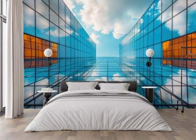 Modern office building with reflections of a blue sky on the glass facade. Wall mural