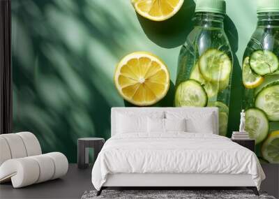 Overhead view of two glass bottles filled with lemon and cucumber slices, set on a green surface, representing healthy lifestyle choices. Wall mural