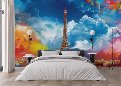 Paris under explosion of vibrant colors, Olympic Games preparation. Wall mural