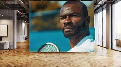 Portrait of a focused African American male tennis player on the court, holding a racket under warm sunlight. Free copy space for banner. Wall mural