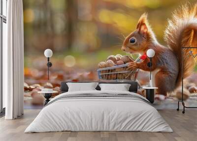 Red squirrel near a small shopping cart filled with nuts. The whimsical and charming scene captures the playful nature of the squirrel, set against a blurred autumnal background.  Wall mural