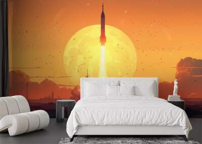 Rocket launching from a pad, dramatic clouds, and a moon in the background. Wall mural