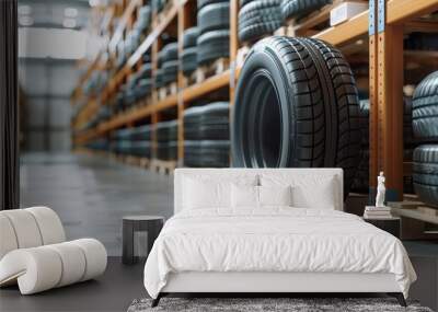 Rows of car tires neatly stored in a modern, well-organized tire warehouse. Wall mural