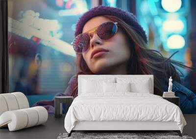 Stylish girl wearing sunglasses, posing in a neon-lit, trendy urban environment. Free copy space for banner. Wall mural