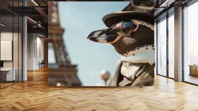 Stylish penguin posing in front of Eiffel Tower. Free copy space for banner. Wall mural